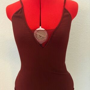 Free People Ribbed V-Neck Mesh Cut Out Tank Top - Maroon